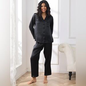 NWT Silk Silky - black 100% mulberry silk pajama set crop pants longsleeve top S